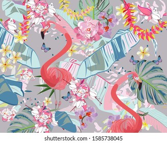 Series of tropical floral  backgrounds with colorful exotic birds, jungle  leaves, flowers. Hand drawn seamless vector illustration.