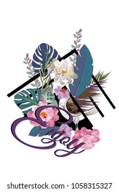 Series of tropical summer backgrounds. Design with  palm trees and flowers. 