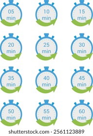 Series of twelve stopwatch icons indicating different time intervals in minutes, labeled from 05 min to 60 min, each stopwatch icon is blue with a green arrow circling the bottom half.