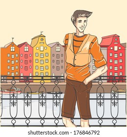 Series Urban fashion. Street panorama and sporty young guy on quay in Amsterdam. Vector cartoon background.