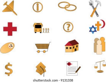 Series of useful icons / symbols depicting a range of everyday objects / themes