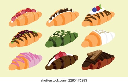 A series of  various flavor croissant in cute flat color style vector