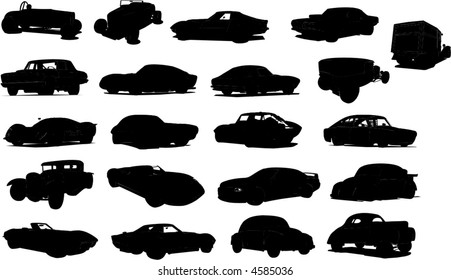 A series of vector car silhouettes, including hot rods, muscle and classic sports cars.