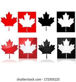 Series of vector icons depicting the Canadian maple leaf and red and white or black and white