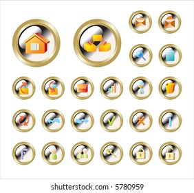 Series vector icons for web (color on gold metal round button). All the icons are of the same size in EPS