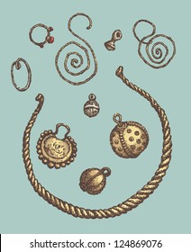 Series of vector illustrations of archaeological finds from the excavations of ancient human habitat. Ancient Jewelry: copper, silver and gold rings, earrings, buttons and Neck hoop