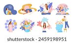 A series of vector illustrations depicting various concepts of wellness, self-care, and mental health, with people engaged in different activities on a white background. Vector illustration