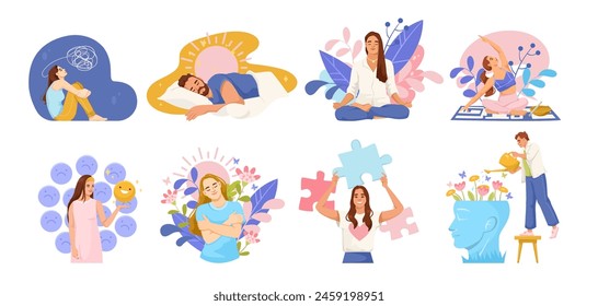 A series of vector illustrations depicting various concepts of wellness, self-care, and mental health, with people engaged in different activities on a white background. Vector illustration