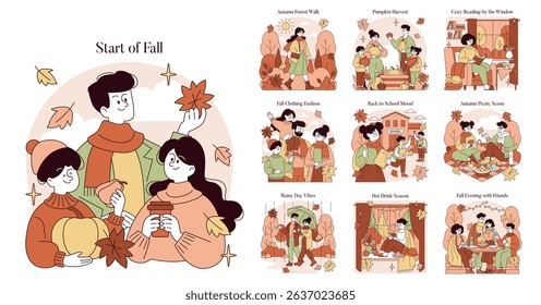 A series of vector illustrations depicting various fall activities. Scenes include autumn walks, pumpkin harvest, cozy reading with hot drinks, and enjoying time with friends and family.