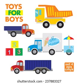 Series of vector objects toys for boys. Set of 4 . Blocks, dump truck, lorry,van with ice cream.