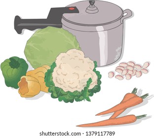 series of vegetables with soup pot