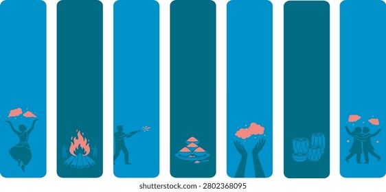A series of vertical panels depicting silhouettes of people engaged in various activities, including dancing, tending a fire, playing with sparks, offering items, and embracing.