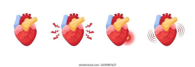 Series of vibrant hearts showing pain levels, with symbols indicating different stages of distress.
