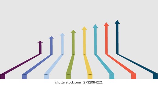 Eine Reihe von lebendigen, mehrfarbigen Pfeilen, die nach oben zeigen und die Konzepte von Verbesserung, Erfolg und Vorwärtsdynamik in einem minimalistischen Design veranschaulichen.