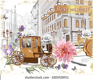 Series of vintage backgrounds decorated with flowers, retro cars and old city street views. Hand drawn Vector Illustration.