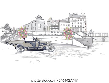 Serie de fondos vintage decorados con flores, coches retro y vistas a la ciudad vieja. Dibujado a mano ilustración.