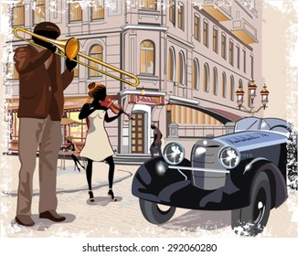 Series of vintage backgrounds decorated with retro cars, musicians, old town views and street cafes. Hand drawn Vector Illustration. 