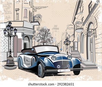 Series of vintage backgrounds decorated with retro cars and old city streets views. Hand drawn Vector Illustration.