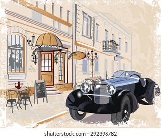 Series of vintage backgrounds decorated with retro cars and old city street views. Hand drawn Vector Illustration.