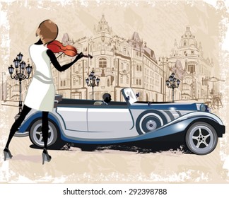 Series of vintage backgrounds decorated with retro cars and old city street views. Street Musicians. Hand drawn Vector Illustration.