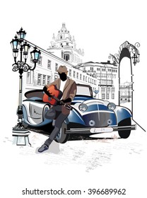 Series of vintage backgrounds decorated with retro cars, musicians and old city streets views. Hand drawn Vector Illustration.