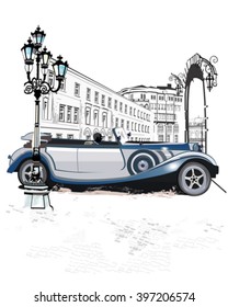 Series of vintage backgrounds decorated with retro cars and old city streets views. Hand drawn Vector Illustration.