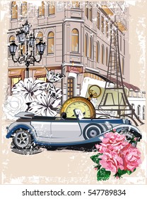 Series of vintage backgrounds decorated with retro cars and old city street views. Hand drawn Vector Illustration.
