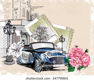 Series of vintage backgrounds decorated with retro cars and old city street views. Hand drawn Vector Illustration.