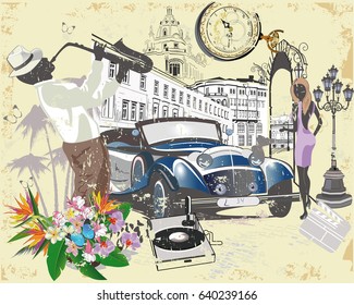 Series of vintage posters decorated with musicians and old street cafes views. Hand drawn Vector Illustration.
