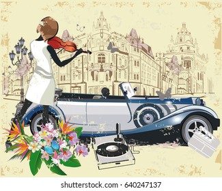 Series of vintage posters decorated with musicians and old street cafes views. Hand drawn Vector Illustration. Retro car.