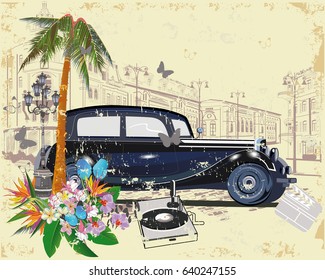 Series of vintage posters decorated with musicians and old street cafes views. Hand drawn Vector Illustration. Retro car.
