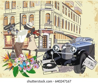 Series of vintage posters decorated with musicians and old street cafes views. Hand drawn Vector Illustration. Retro car.