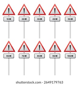 Uma série de sinais de aviso com pontos de exclamação que indicam potenciais perigos a diferentes distâncias, variando entre 10 e 100 metros, dispostos em sequência.