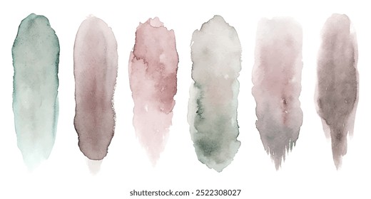 Eine Reihe von Aquarell-Pinselstrichen mit jeweils unterschiedlicher Farbe und Textur. Die Striche sind in einer Reihe angeordnet, wodurch eine visuell interessante und dynamische Komposition entsteht. Szene ist eine Kreativität