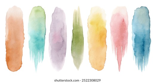 Eine Reihe von Aquarell-Pinselstrichen in verschiedenen Farben. Die Pinselstriche sind in einer Reihe angeordnet, wobei einige lebendiger sind als andere. Szene ist eine von Kreativität und künstlerischem Ausdruck