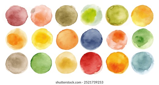 A series of watercolor circles in various colors. The circles are all different sizes and are arranged in a row. The colors of the circles are yellow, green, blue, and red