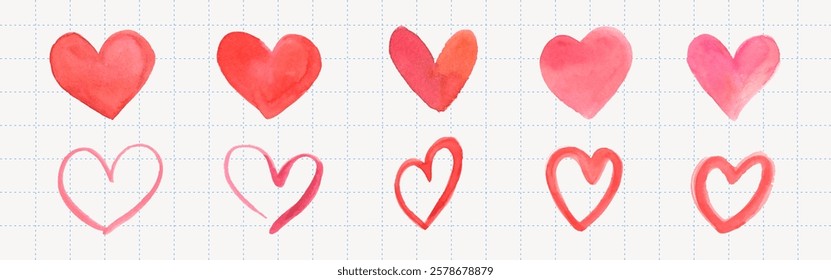 A series of watercolor hearts in red and pink shades, arranged in two rows on a grid background. The hearts vary in size and style, creating a playful pattern. Valentine illustrations, vector set.