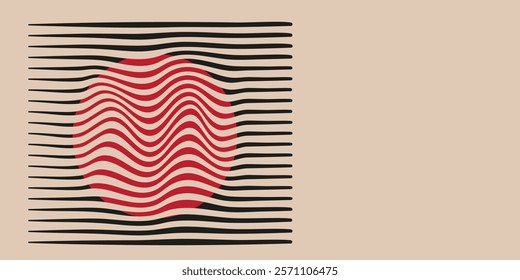 A series of wavy lines, mostly black with a central red section, on a beige background. Bauhaus composition.
