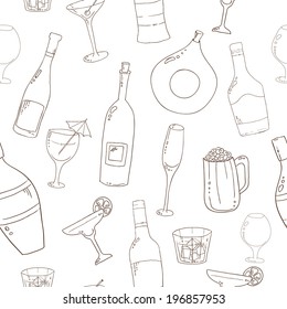 Series of wine and cocktail seamless background. Holiday pattern with wine,  beer and  cocktail glass and bottles.  Black and white version.
