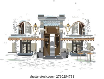 Serie de fondos de invierno decorados con vistas al casco antiguo y cafés callejeros. Ventana del café.   Vector dibujado a mano. 