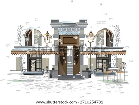 Series of winter backgrounds decorated with  old town views and street cafes. Cafe window.   Hand drawn vector. 