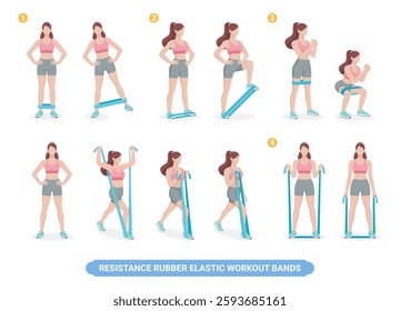 A series of a woman doing various exercises with resistance rubber bands.