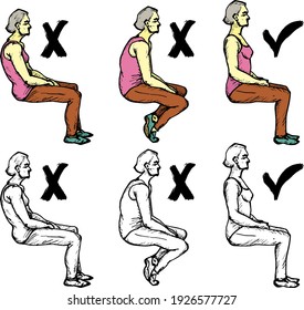 Series of woman showing the proper sitting posture against bad sitting posture. Hand drawn vector illustration.