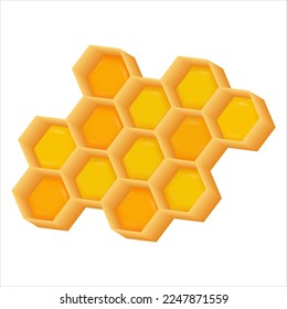 Una serie de células hexagonales amarillas, peine de miel. Patrón de abejas hecho de cera y miel. Fondo amarillo 3d, forma abstracta, geométrica, mosaico. Fragmento, trozo de abeja pegajosa, apicultura. Vector.