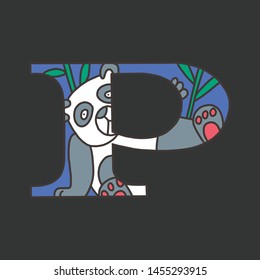 Serif alphabet letter p with doodle panda