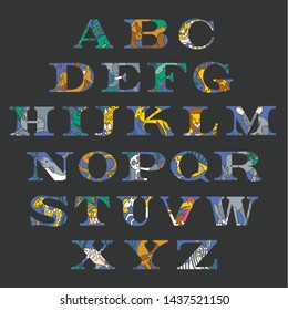Serif alphabet letters set with colored doodle animals and pets