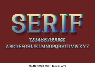 Serif alphabet with numbers and currency signs. 3d retro font.