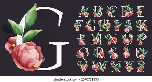 Serif alphabet in watercolor style with flowers and leaves. Herbs like peonies, and chamomile, and buds. Perfect for wedding invitations, vintage arrangements, and classic decoration.