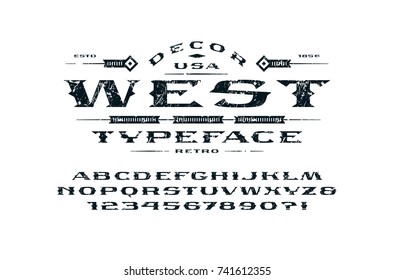 Serif extended font in retro style. Letters and numbers with rough texture for logo, label and signboard design. Print on white background