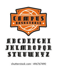 Serif font in college style with contour. Basketball emblem. Isolated on white background